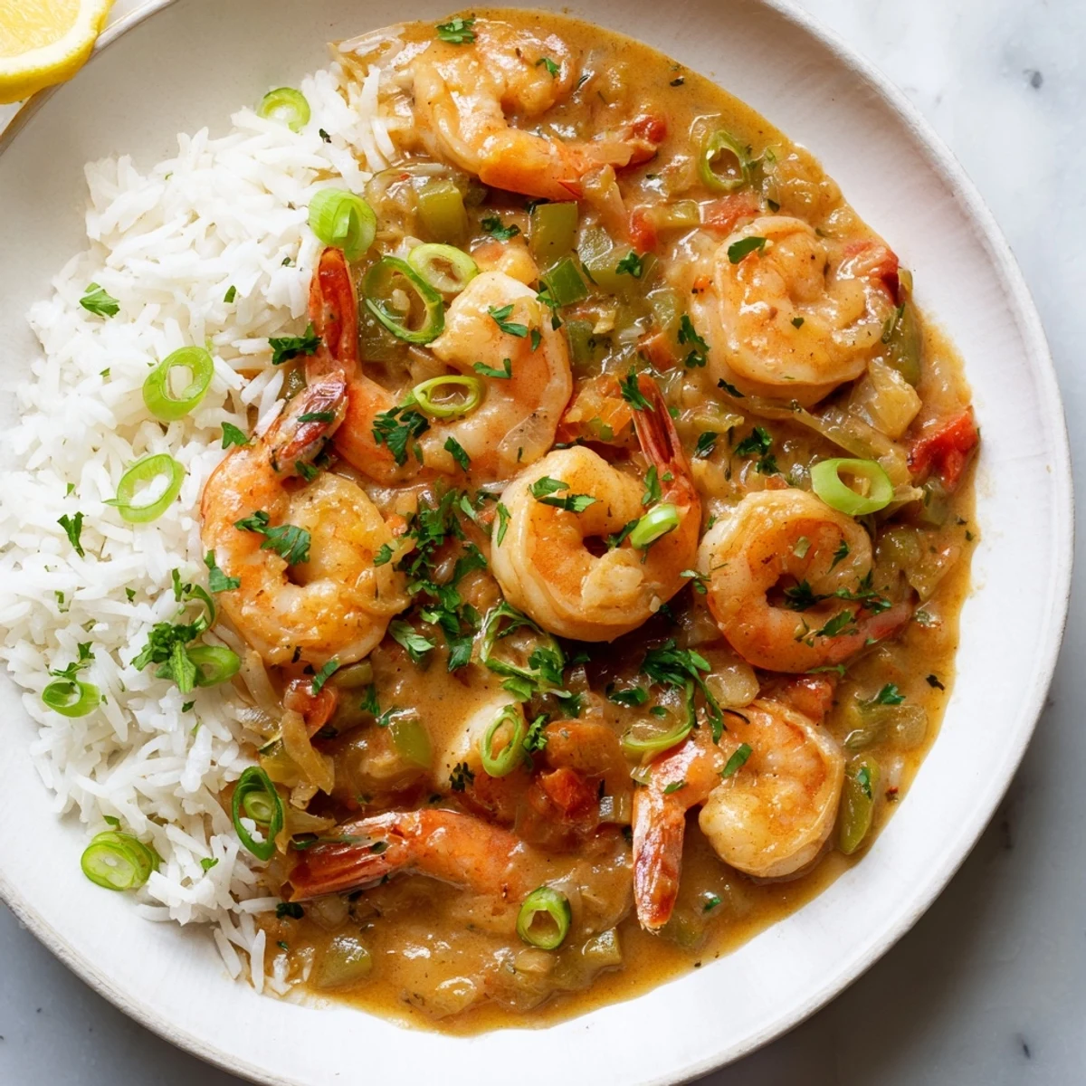 Bright, bold spices and tender shrimp fill this Creole Shrimp Étouffée, served over fluffy rice with green onions and lemon wedges.