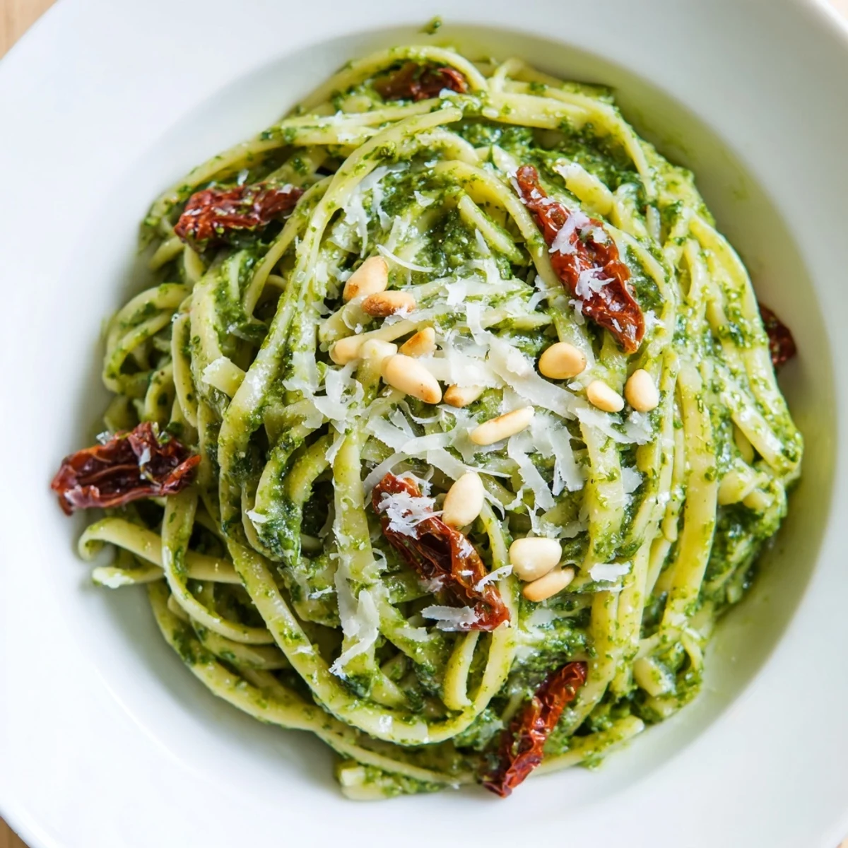 Green Pesto Pasta with Sun-Dried Tomatoes tossed in a vibrant basil sauce, topped with toasted pine nuts and fresh herbs for a quick weeknight meal.