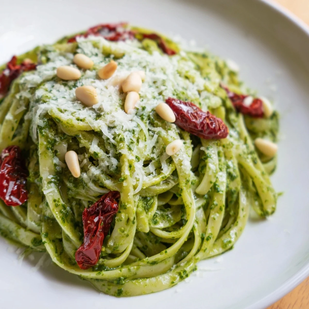 A close-up of Green Pesto Pasta with Sun-Dried Tomatoes, featuring al dente linguine coated in rich pesto with colorful tomato strips on a rustic plate.