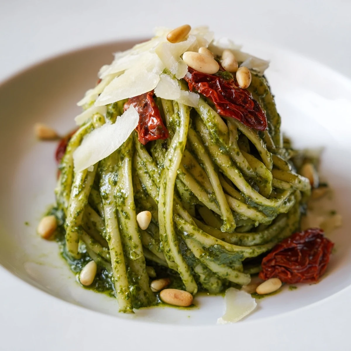 Serving suggestion of Green Pesto Pasta with Sun-Dried Tomatoes, plated with extra Parmesan and a lemon wedge, perfect for a vegetarian lunch or dinner.