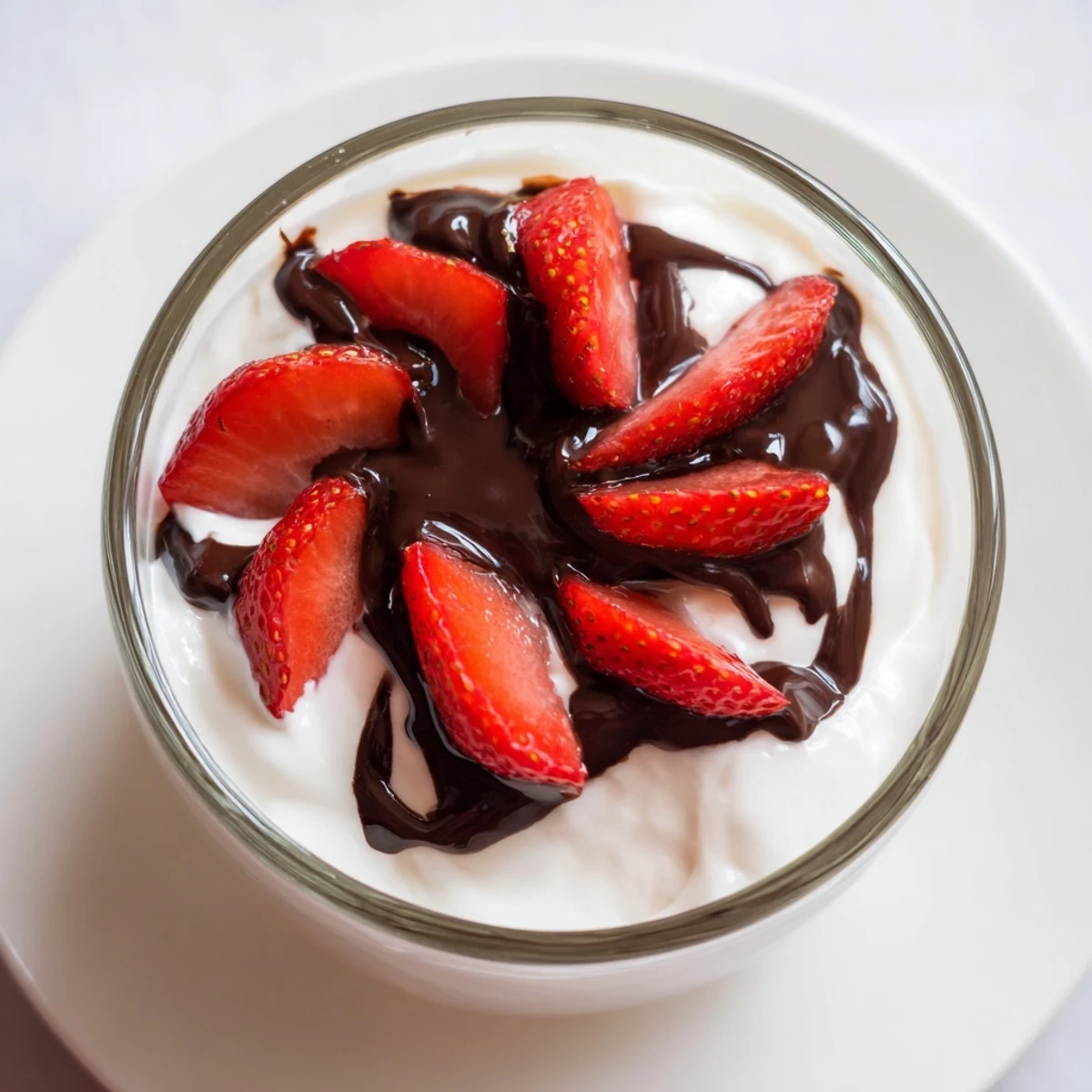 Freshly sliced strawberries and a creamy Greek yogurt base, ready for the rich dark chocolate drizzle.