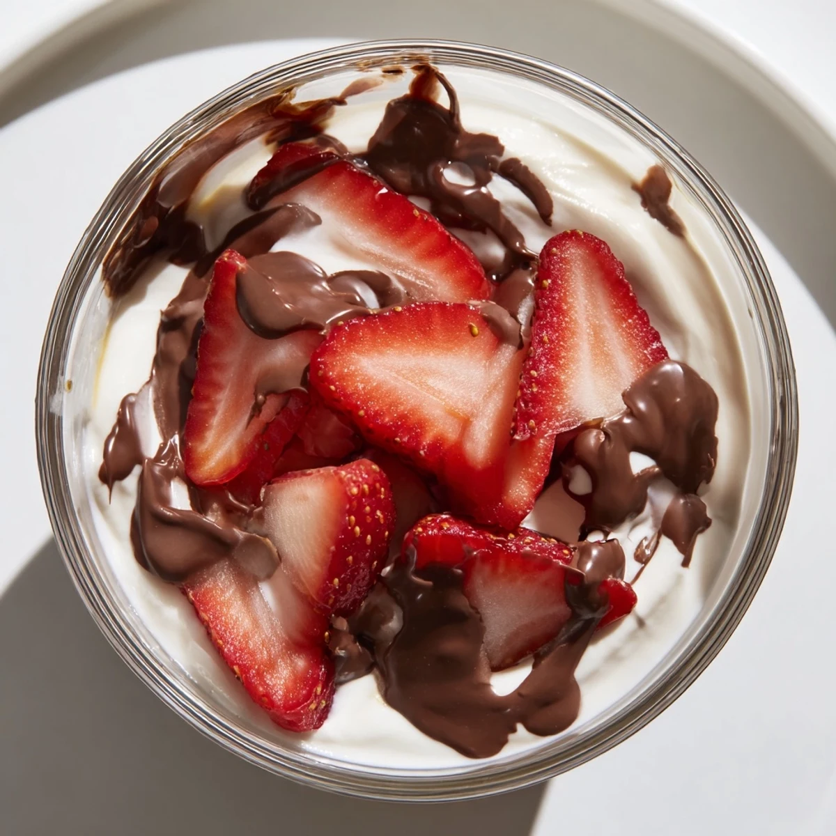 This high-protein Chocolate Covered Strawberry Greek Yogurt snack is layered beautifully in a clear serving bowl.