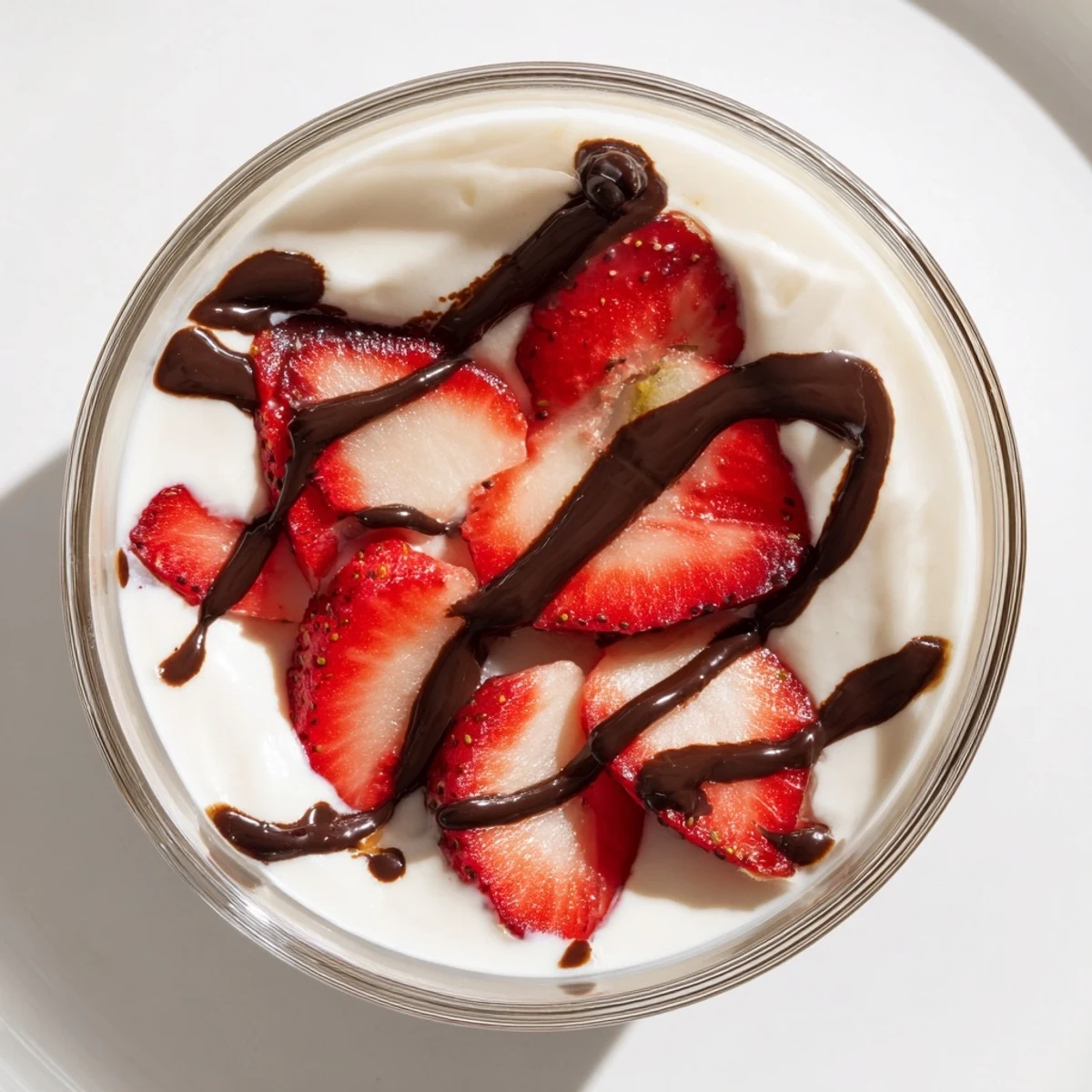 A close-up view of luscious Chocolate Covered Strawberry Greek Yogurt with a decadent chocolate topping.