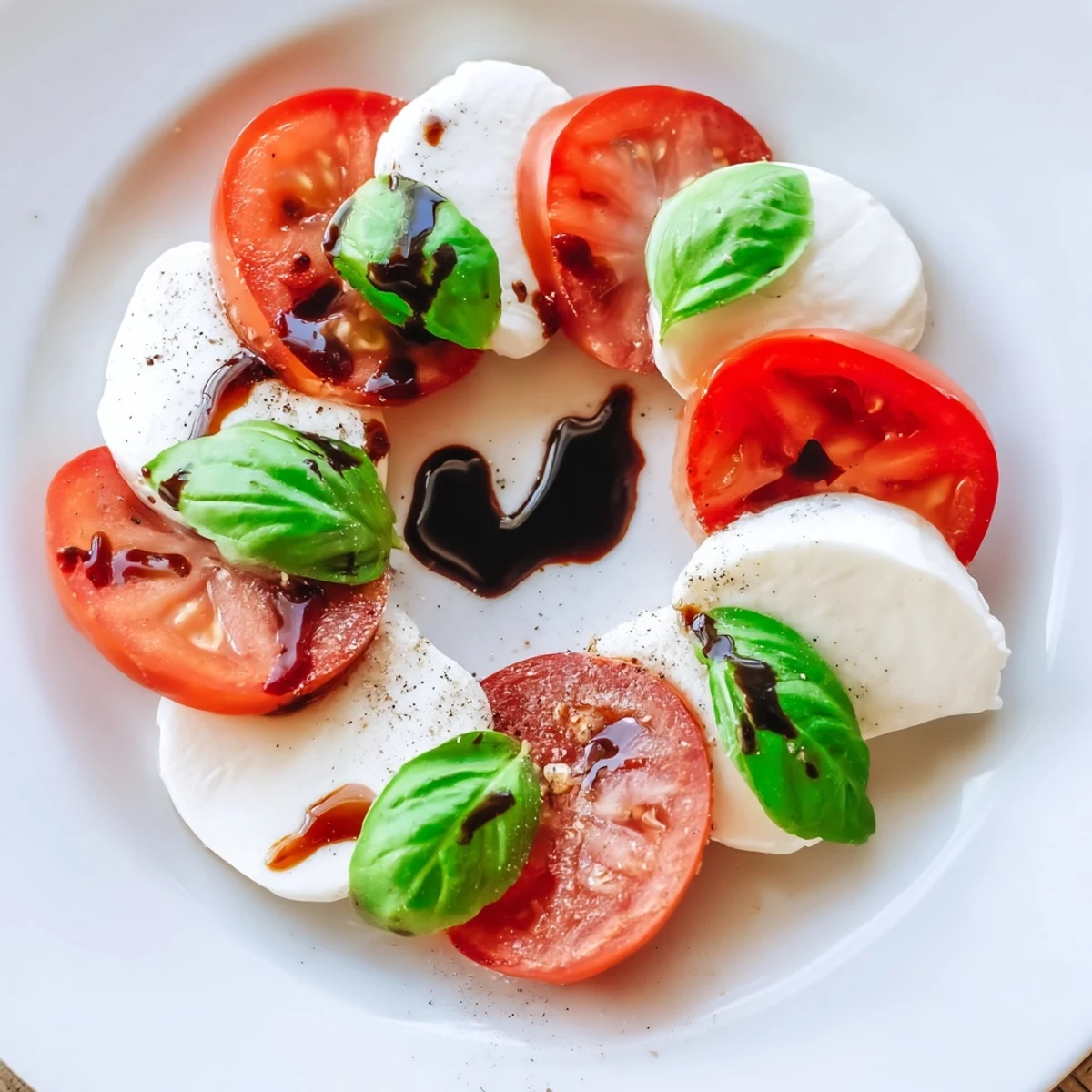 Fresh heart-shaped mozzarella and tomato slices are arranged with basil on a plate, drizzled with balsamic glaze for a romantic Valentine Caprese Salad.