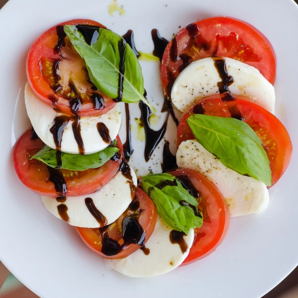 A close-up of Valentine Caprese Salad with balsamic glaze glistening over mozzarella hearts, tomatoes, and basil, ready for a special dinner.