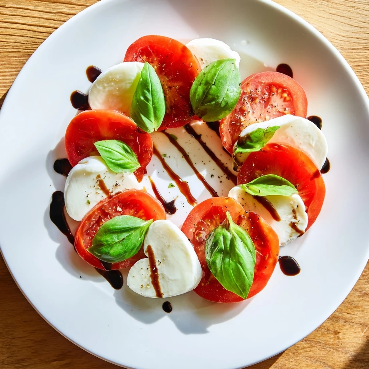 On a white plate, colorful mozzarella hearts, ripe tomato rounds, and fresh basil make up a vegetarian Valentine Caprese Salad with balsamic glaze.