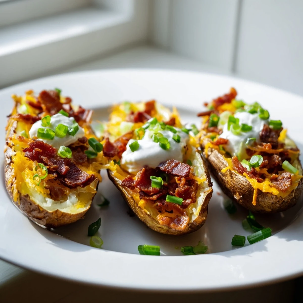 Golden brown Game Day Loaded Potato Skins with Cheese bubbling with melted cheddar and crumbled bacon.