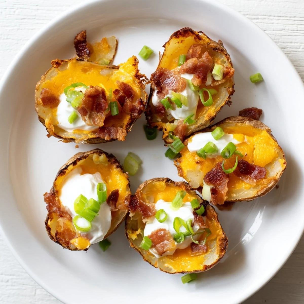 Crisp Game Day Loaded Potato Skins with Cheese topped with sour cream and fresh green onions.
