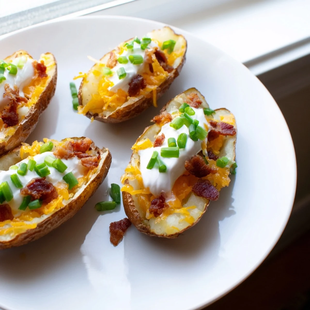 Freshly baked Game Day Loaded Potato Skins with Cheese served on a platter with chives and bacon.
