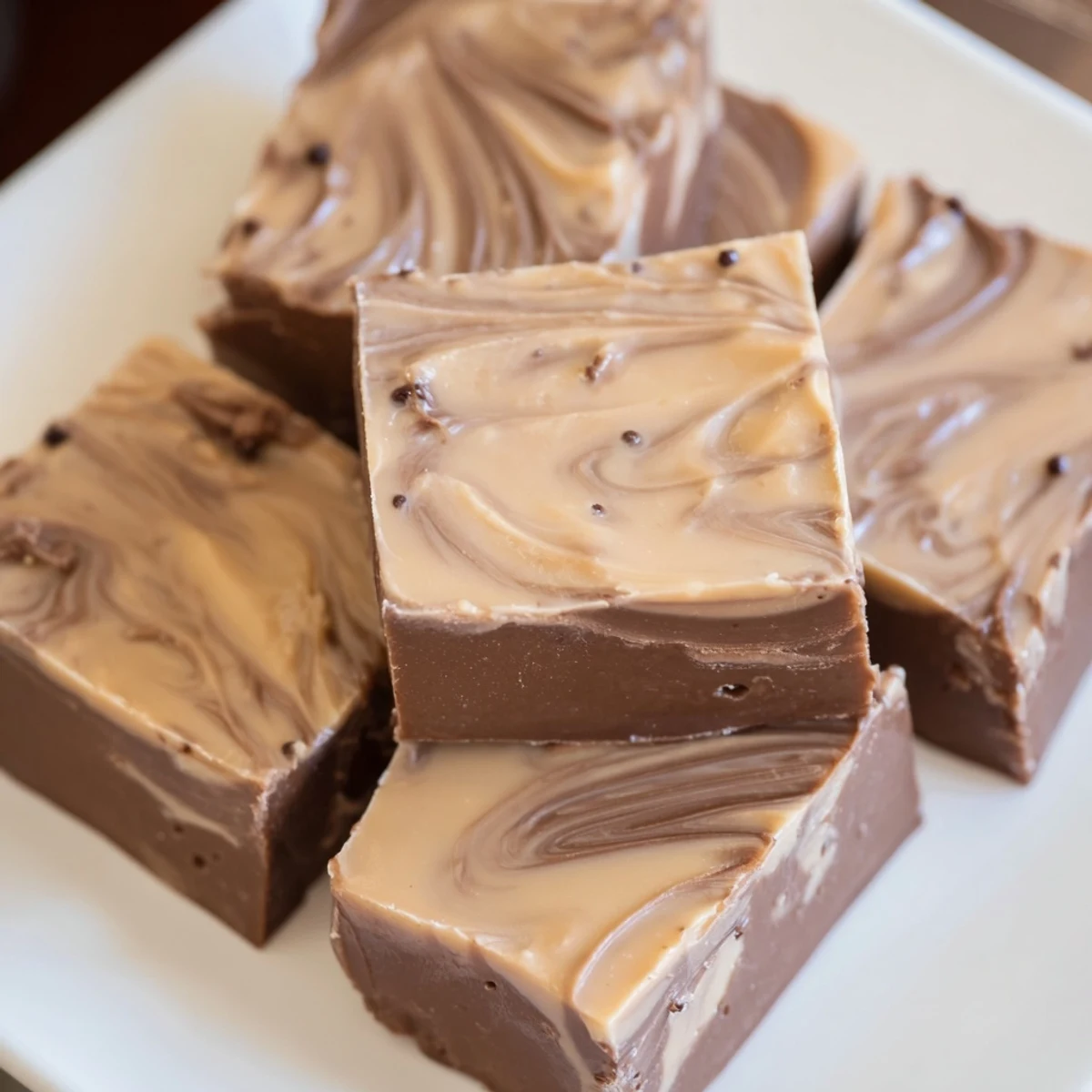 Freshly cut squares of Irish Cream Fudge arranged on parchment paper, showcasing a rich chocolate texture and creamy finish.