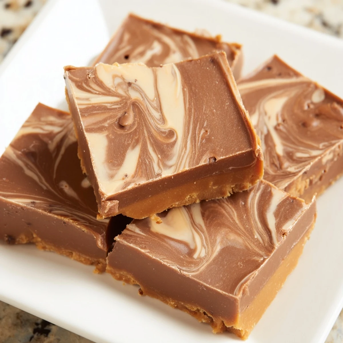 A slice of Irish Cream Fudge held between fingers, revealing a dense, fudgy interior with specks of coffee.