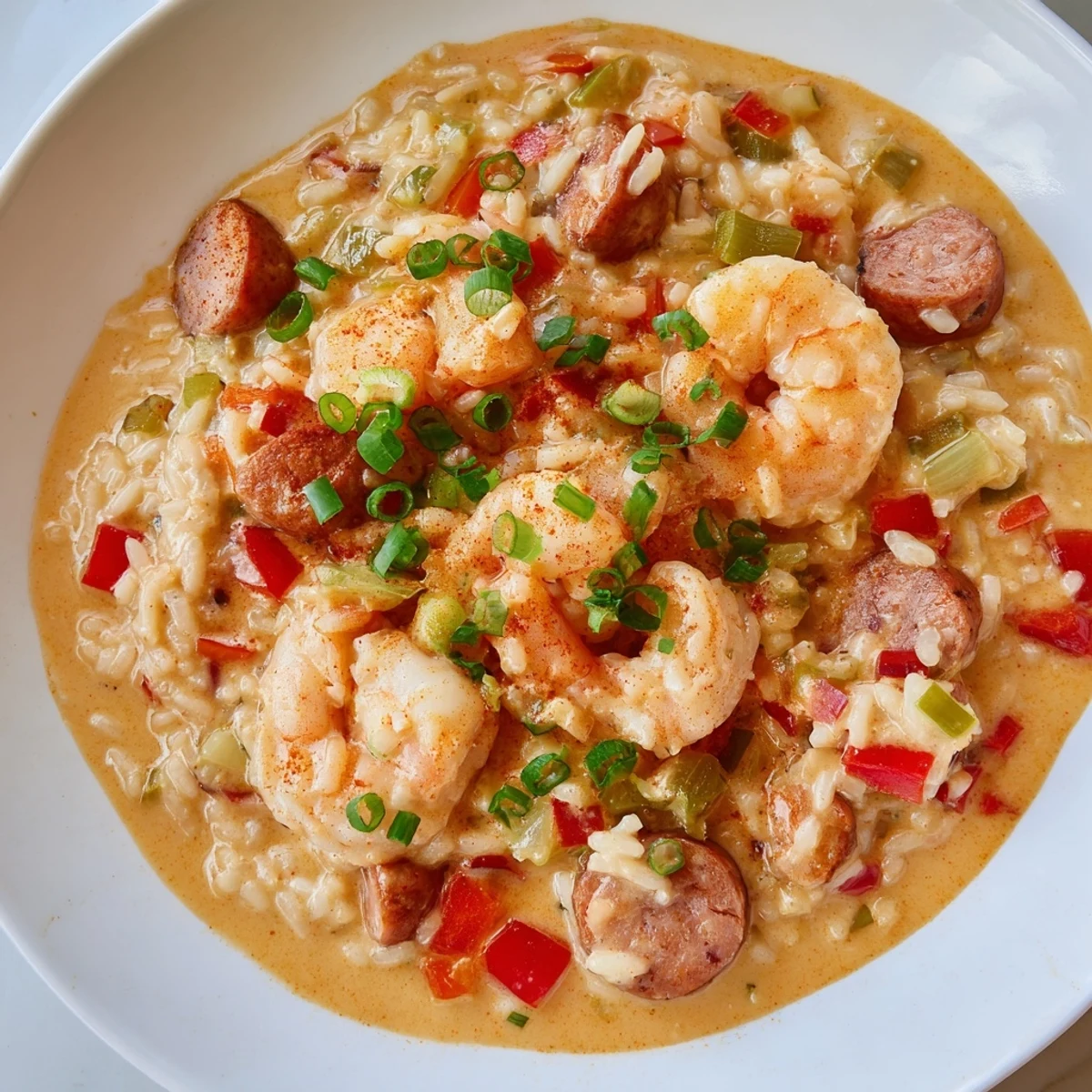 Creamy Creole Jambalaya Risotto with Shrimp in a rustic bowl, garnished with fresh parsley and lemon wedges.