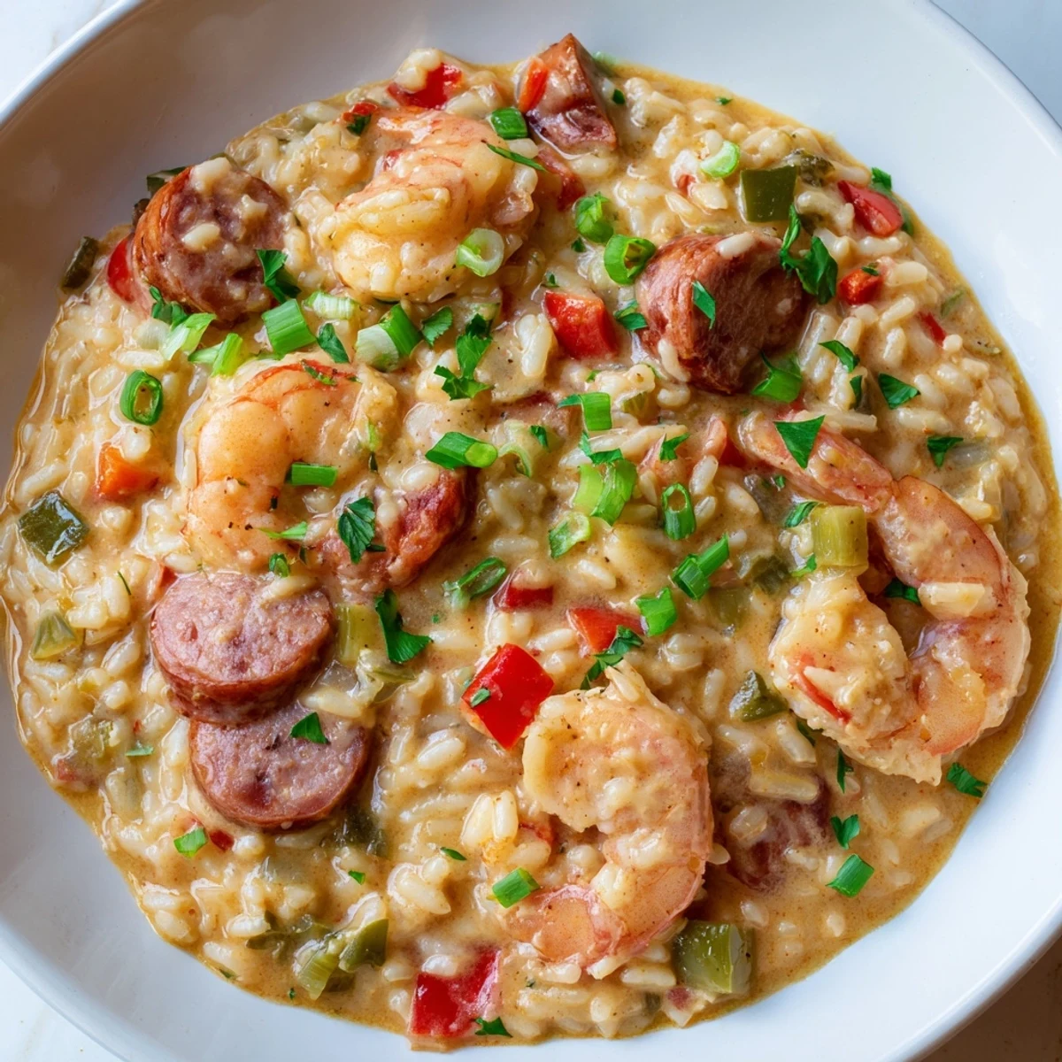 Spicy Creole Jambalaya Risotto with Shrimp and andouille sausage served hot with colorful bell peppers and celery.