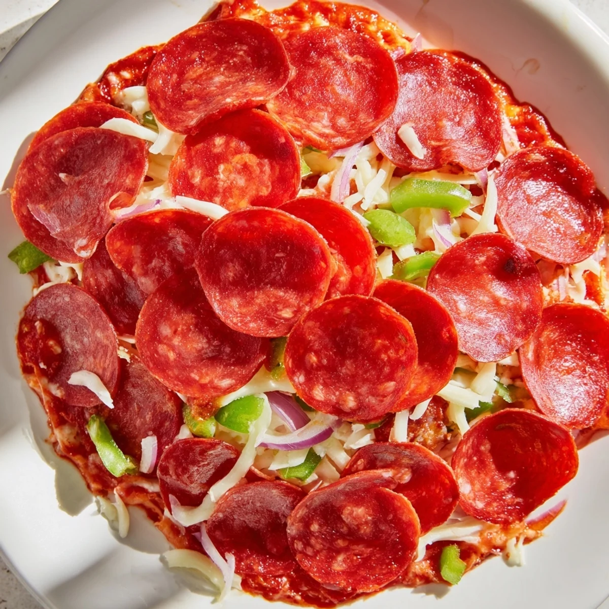 Golden, bubbly Game Day Pepperoni Pizza Dip with beef pepperoni, served hot alongside toasted baguette slices.