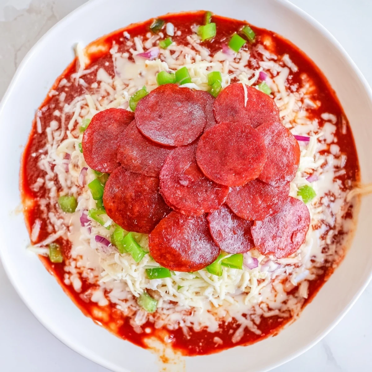 Sizzling, cheesy Game Day Pepperoni Pizza Dip baked until golden, ready to scoop with crunchy pita chips.