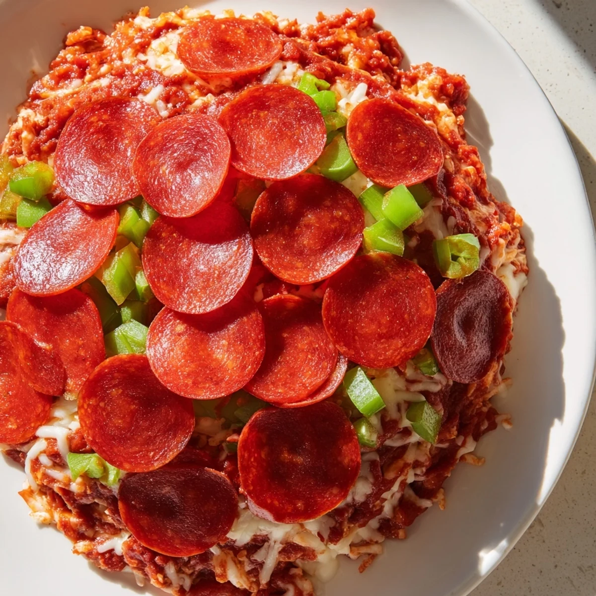 Freshly baked Game Day Pepperoni Pizza Dip topped with green bell peppers and melty mozzarella cheese.