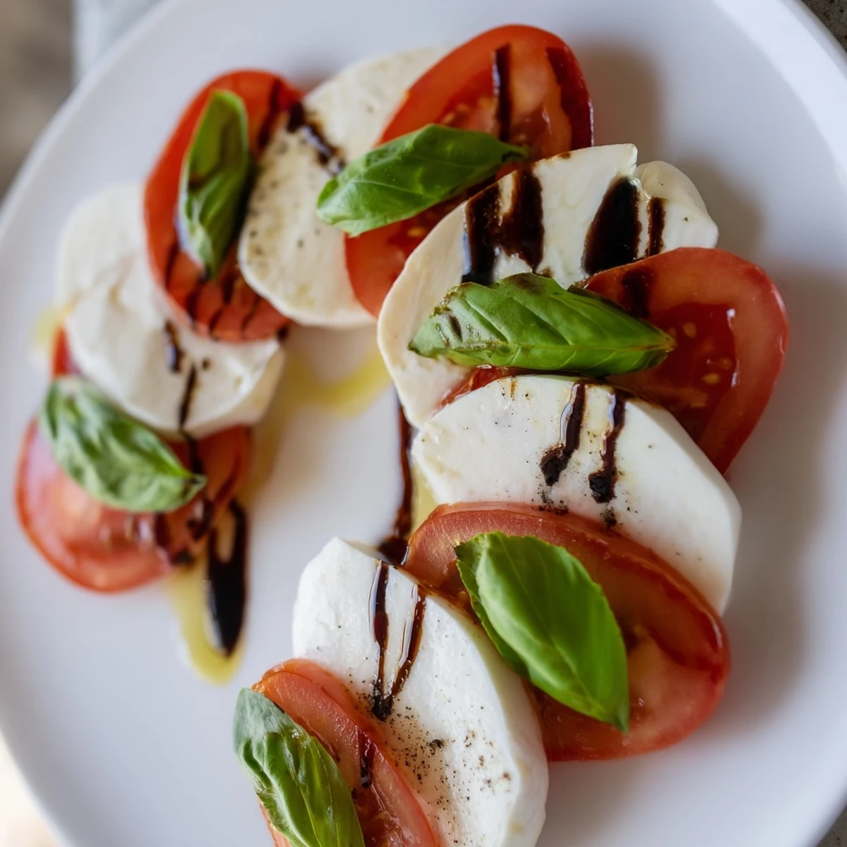 Fresh tomato and mozzarella hearts arranged on a platter, drizzled with balsamic glaze and olive oil for a romantic Valentine Heart Caprese Salad.