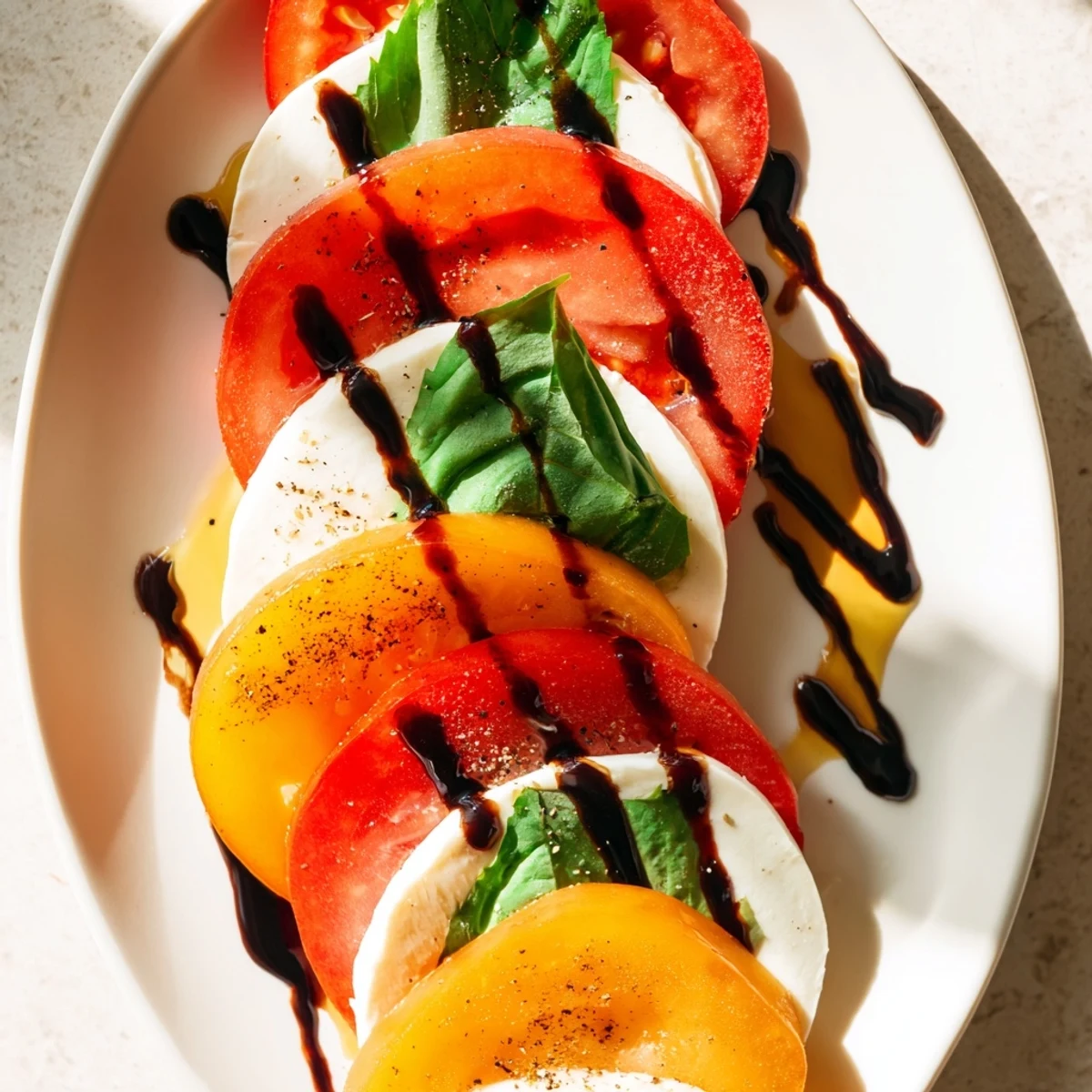 Juicy red tomato hearts and creamy mozzarella layered with basil leaves, ready to serve as a Valentine Heart Caprese Salad for two.