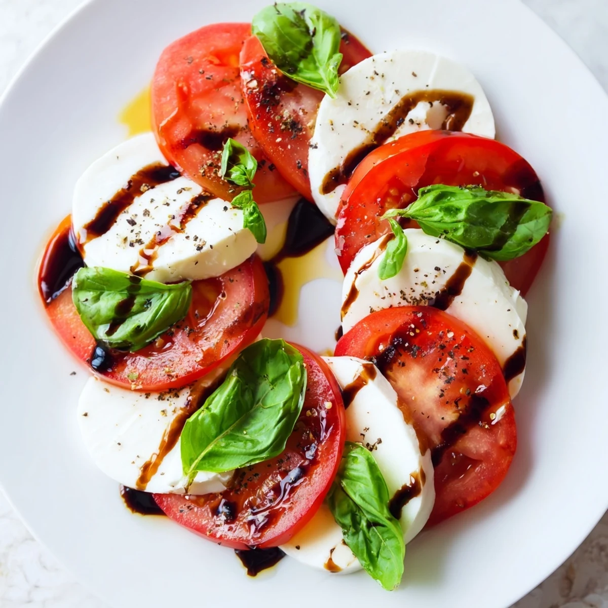 Close-up of heart-shaped mozzarella and tomato slices, glistening with olive oil and balsamic glaze, making a perfect Valentine Heart Caprese Salad.