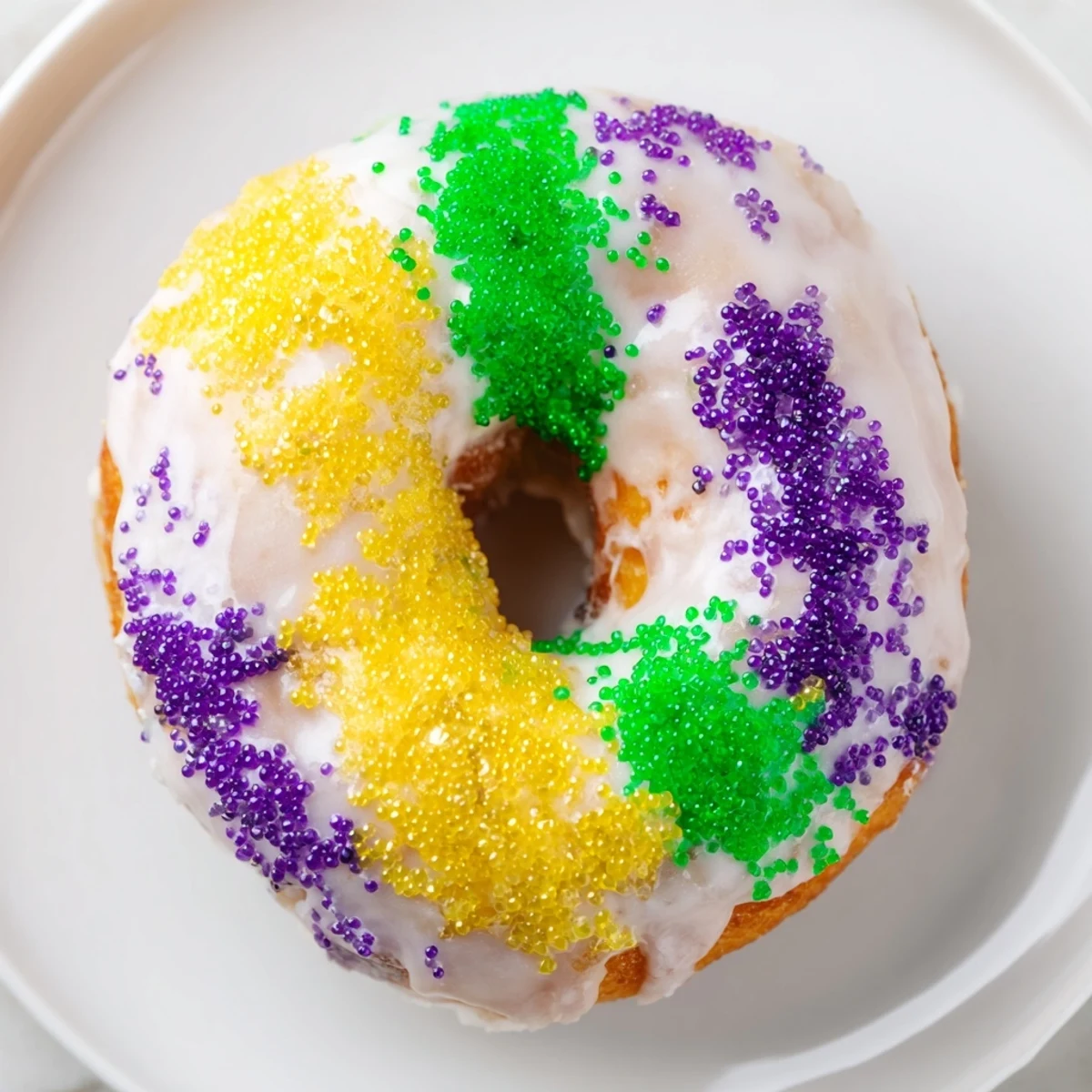 A batch of warm Mardi Gras Donuts on a wire rack, drizzled with sweet glaze and vibrant colored sugar.