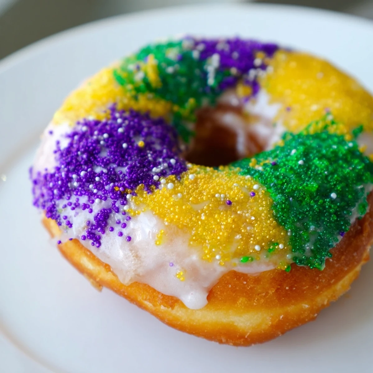 Golden Mardi Gras Donuts with fluffy interiors, ready to serve with festive purple, green, and yellow toppings.