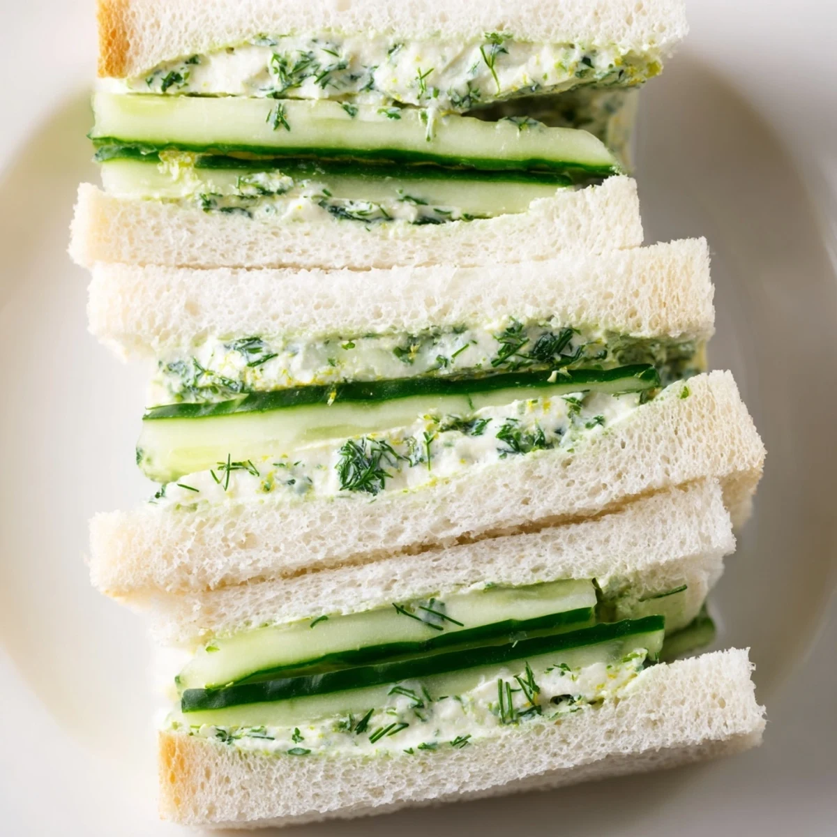 Delicate Green Cucumber Sandwiches with Herb Cheese stacked on a platter, featuring crisp English cucumber slices peeking out of soft, crustless white bread.