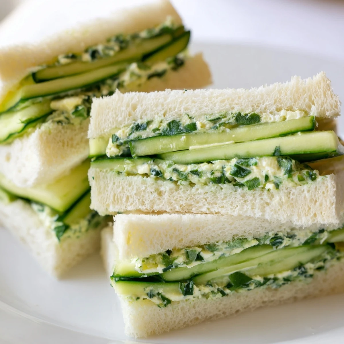 Freshly prepared Green Cucumber Sandwiches with Herb Cheese arranged on a wooden board, highlighting the creamy chive and dill spread on wheat bread.