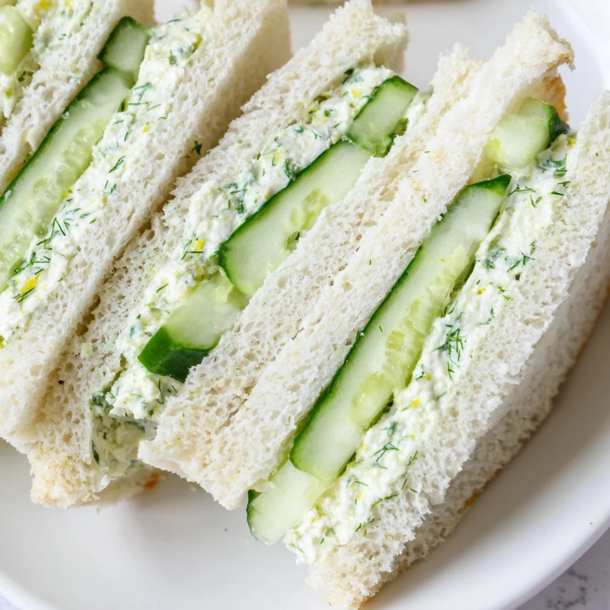 Neatly cut Green Cucumber Sandwiches with Herb Cheese quarters displayed on a white plate, perfect for a light vegetarian tea party lunch.