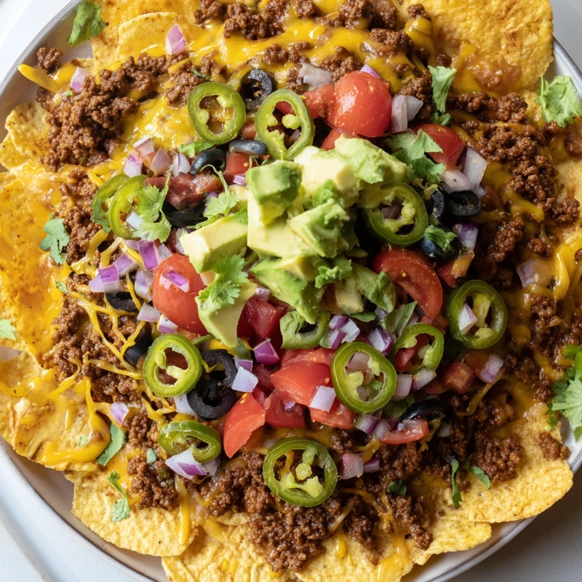 Golden-brown Championship Nacho Platter with Ground Beef, melted cheese, jalapeños, and fresh avocado on a serving platter.
