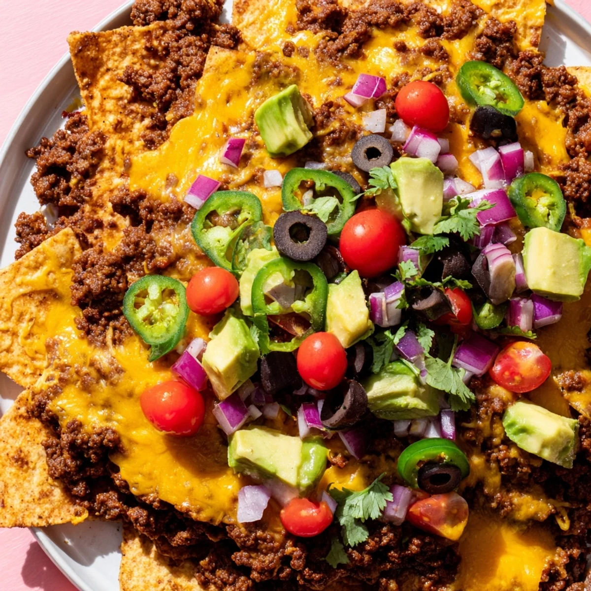 A close view of Championship Nacho Platter with Ground Beef, loaded with olives, tomatoes, onions, and sour cream.