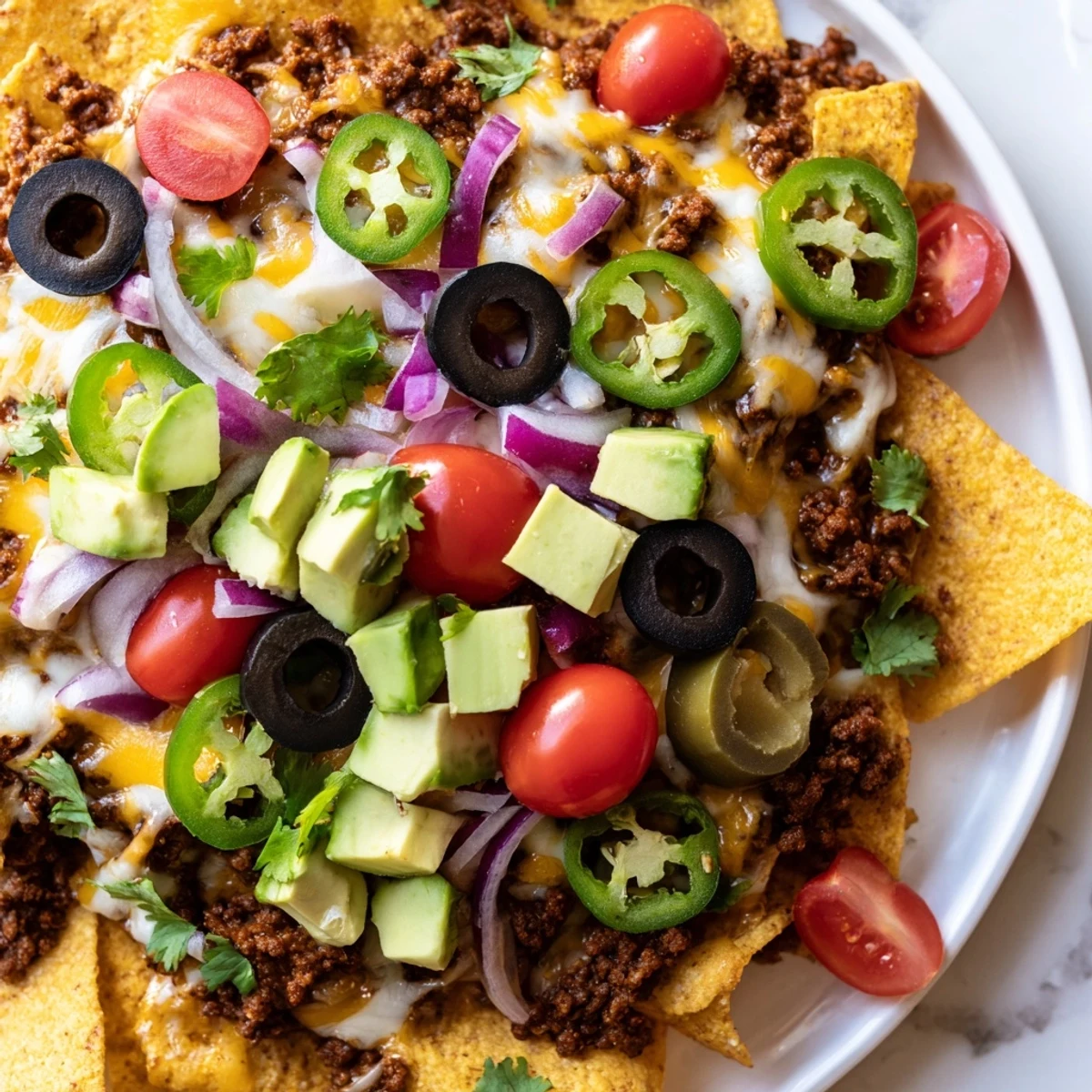 A fully baked Championship Nacho Platter with Ground Beef, finished with cilantro and salsa, ready for game day.