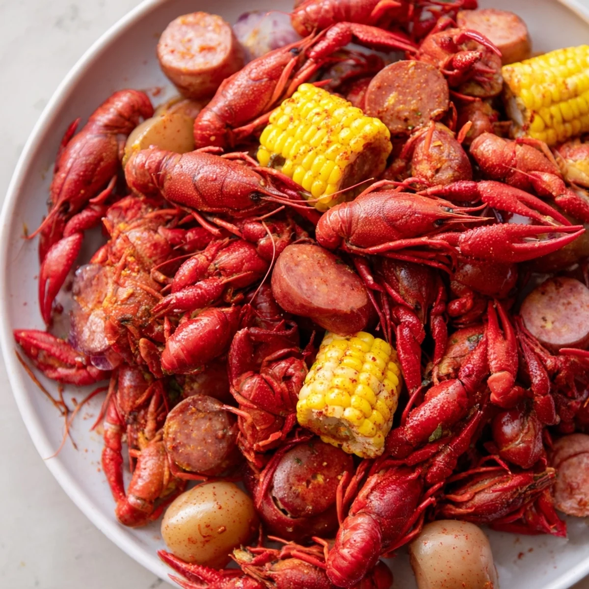 Steaming Louisiana Style Crawfish Boil with bright red shells, corn cobs, and Andouille sausage on a rustic platter.