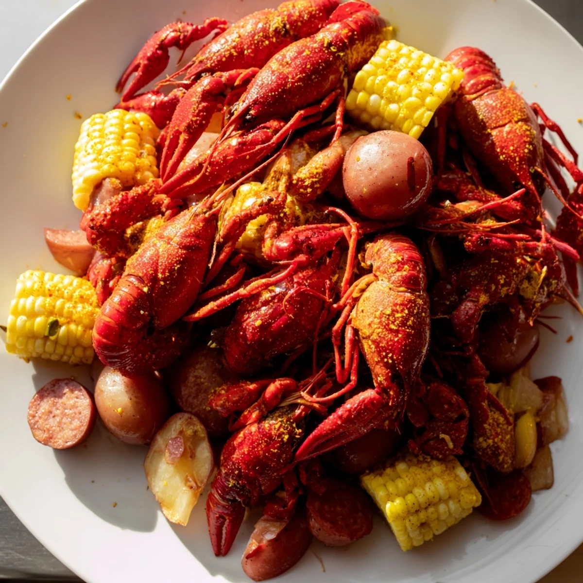 Family-style Louisiana Style Crawfish Boil piled high with potatoes, garlic, and lemons on a newspaper-covered table.