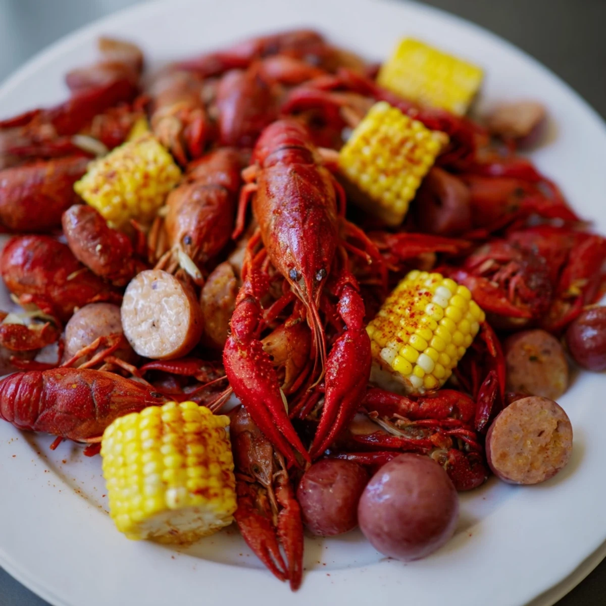 Spicy Louisiana Style Crawfish Boil served with corn, sausage, and potatoes, ready for a Cajun feast.