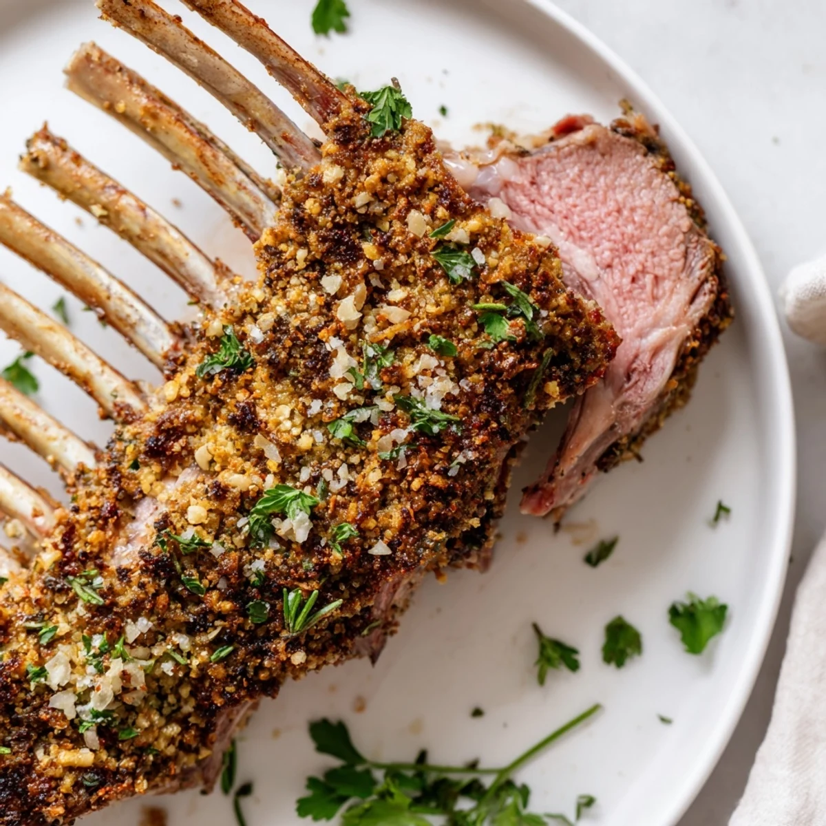 Perfectly roasted rack of lamb with herb crust on a plate, ready for a romantic dinner.