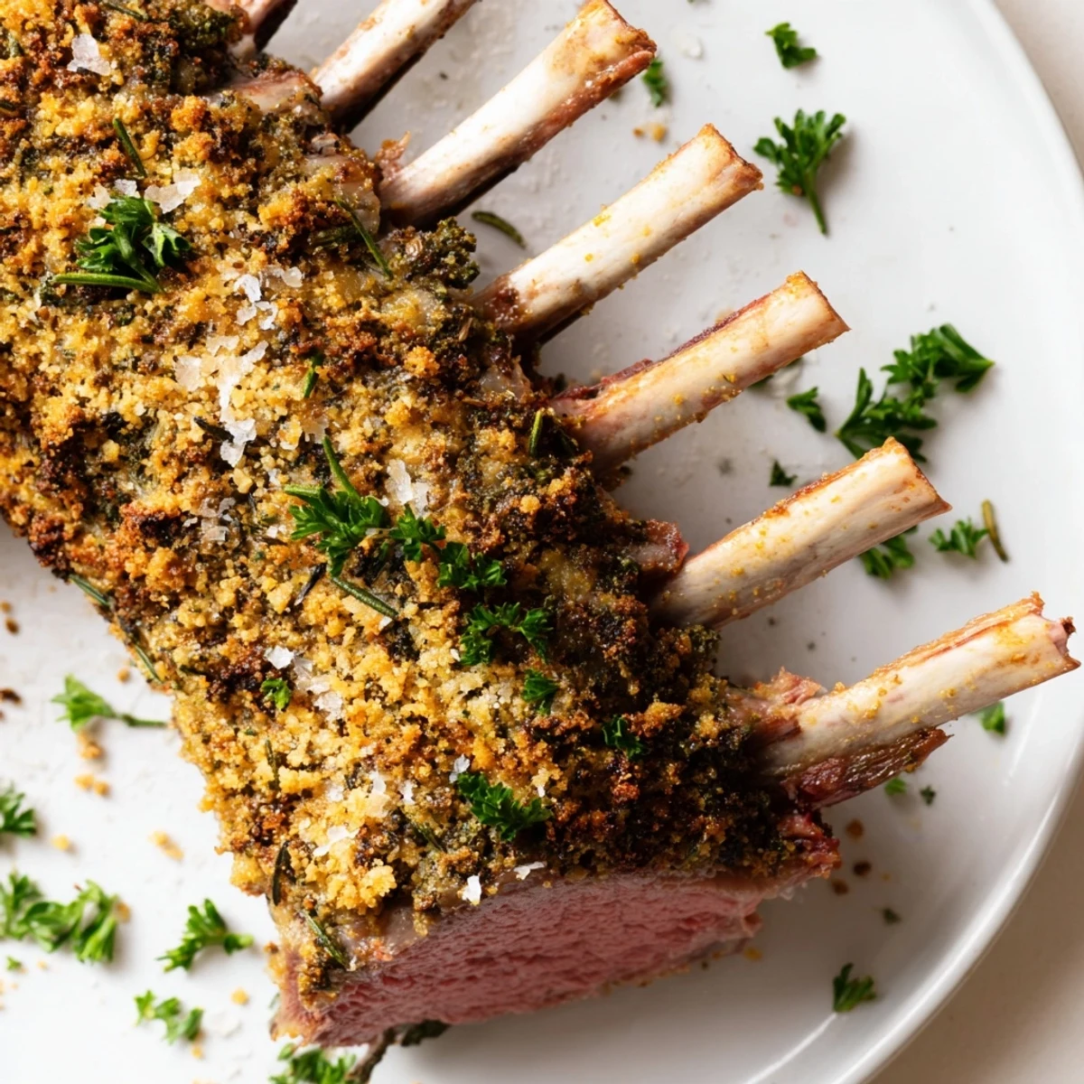 Sliced rack of lamb garnished with parsley, served with roasted potatoes and red wine.