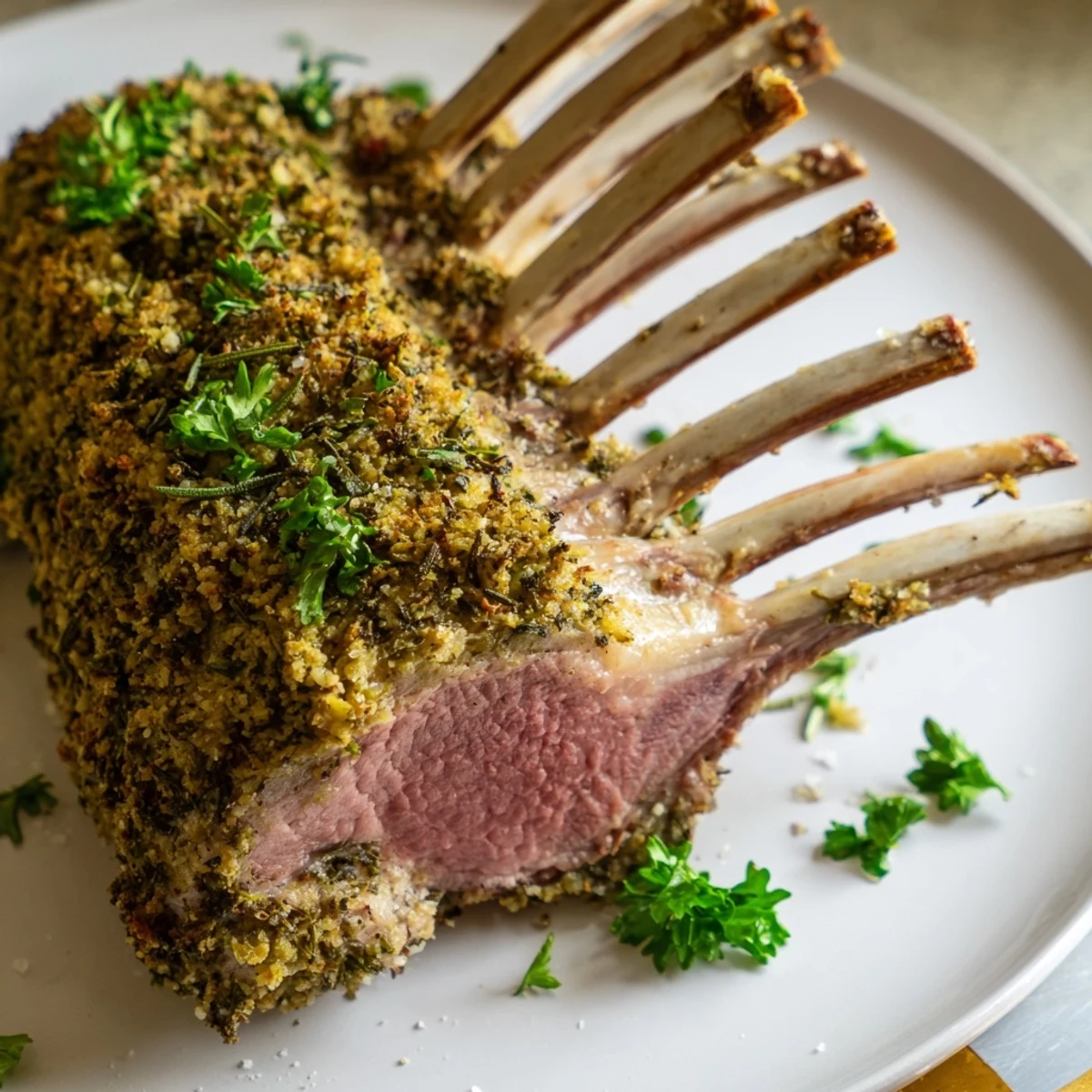 Herb-crusted Romantic Roasted Rack of Lamb resting on a baking sheet before serving.