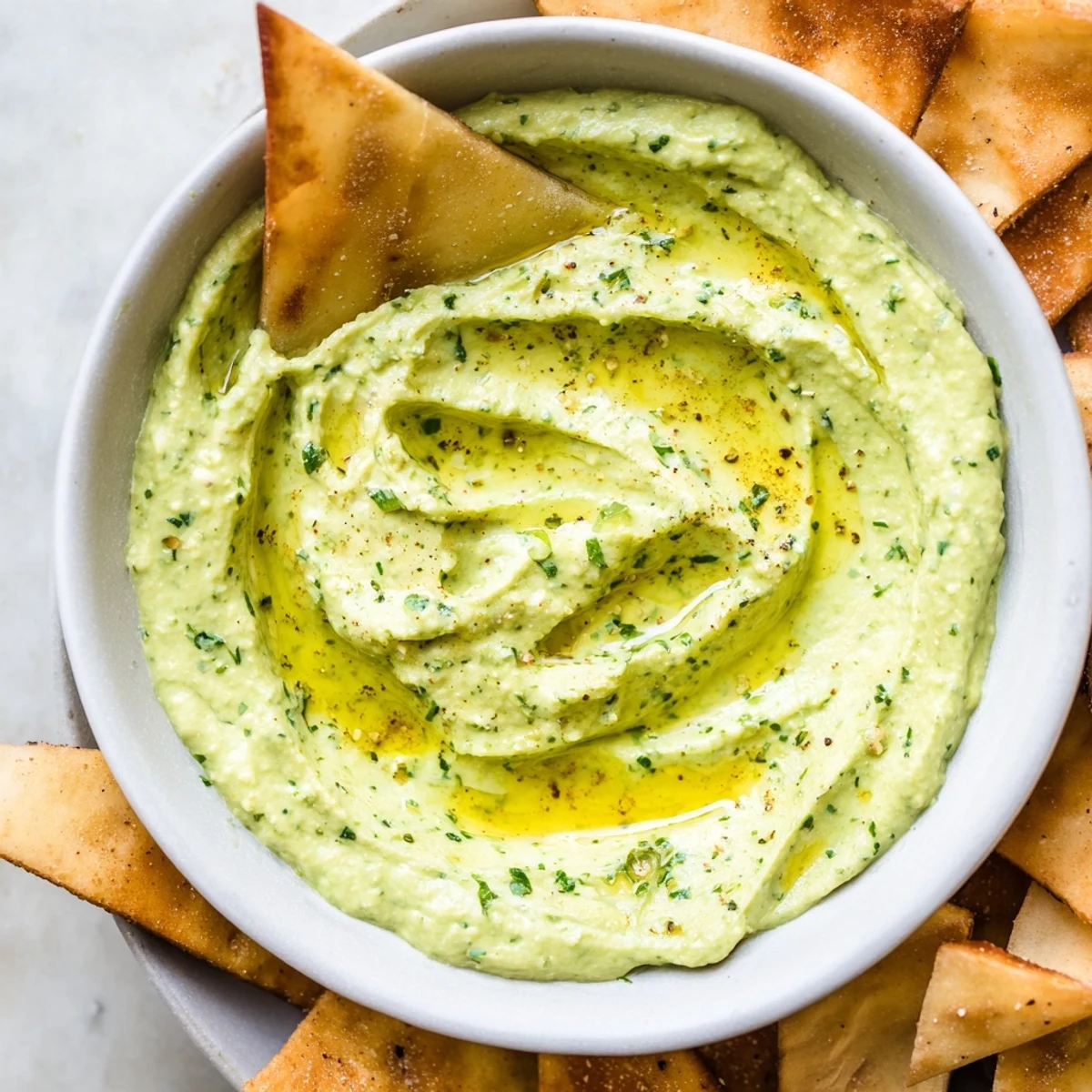 Creamy Green Avocado Hummus is perfectly paired with golden-brown pita chips, ideal for a healthy snack.
