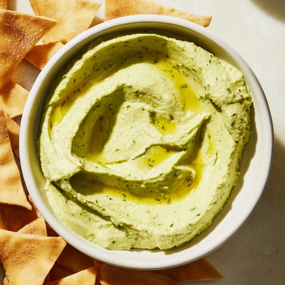 Fresh herbs garnish the Green Avocado Hummus, served alongside crunchy pita chips for a Mediterranean appetizer.