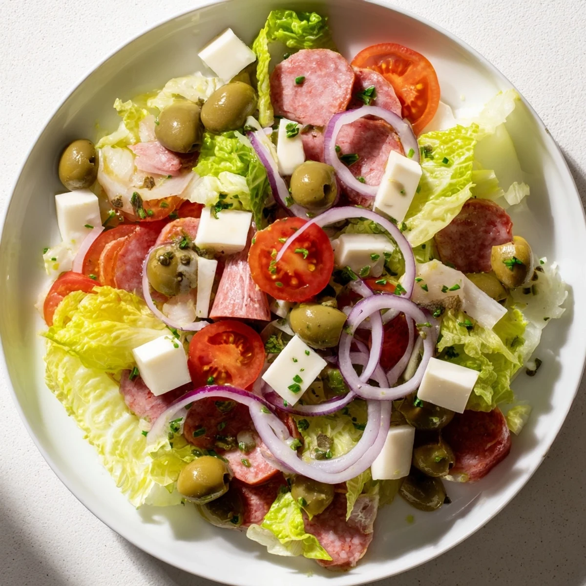 A vibrant bowl of New Orleans Muffuletta Salad features crisp romaine lettuce topped with colorful olives, cured meats, and provolone cheese.  