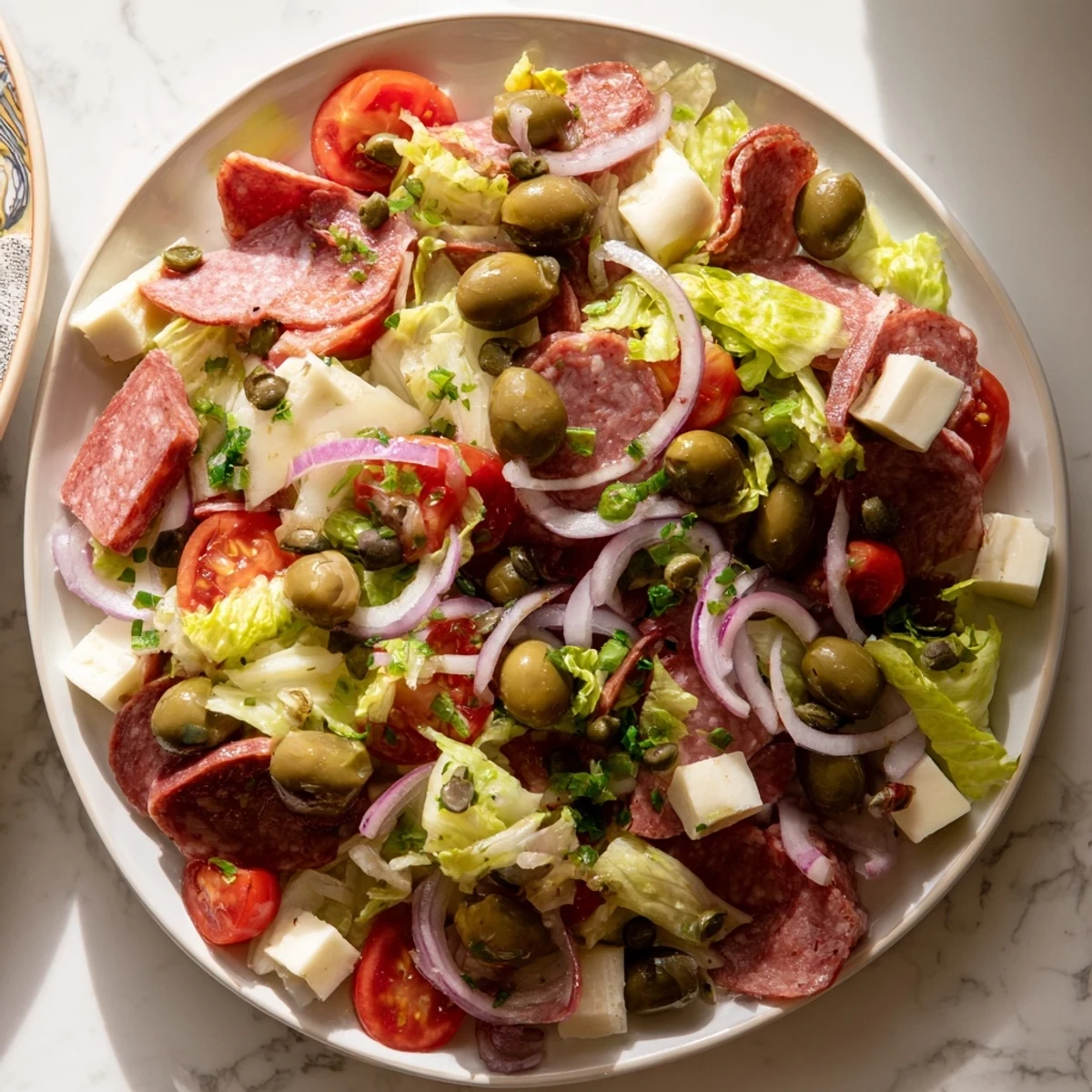 Fresh New Orleans Muffuletta Salad with cherry tomatoes, thinly sliced red onion, and briny olives tossed for an easy, no-cook dinner.