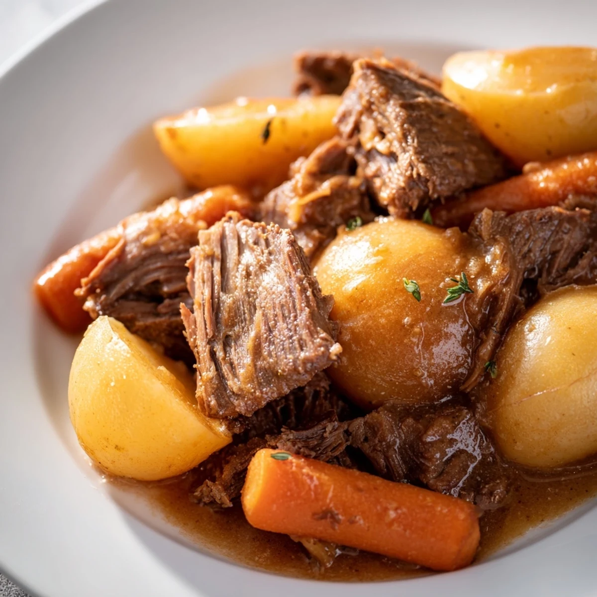 Tender slices of Irish Beef Pot Roast with carrots and potatoes are served on a platter, drizzled with rich brown gravy.