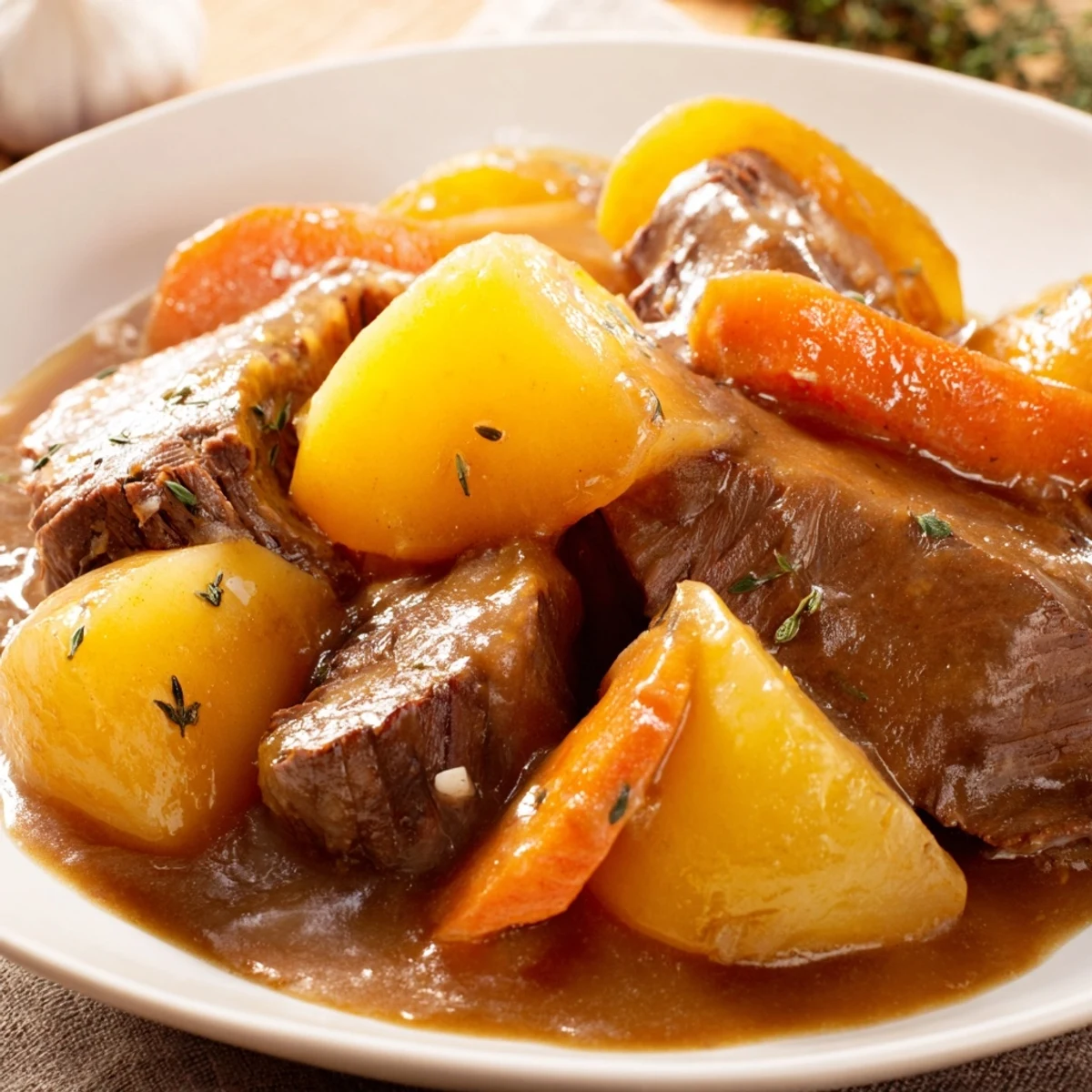 A rustic cast-iron Dutch oven showcases the finished Irish Beef Pot Roast, revealing soft carrots and potatoes in thick, savory gravy.