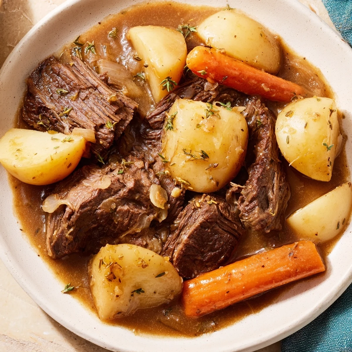 Close-up of a hearty Irish Beef Pot Roast, featuring shredded beef and glazed carrots on a plate, ready to be enjoyed.