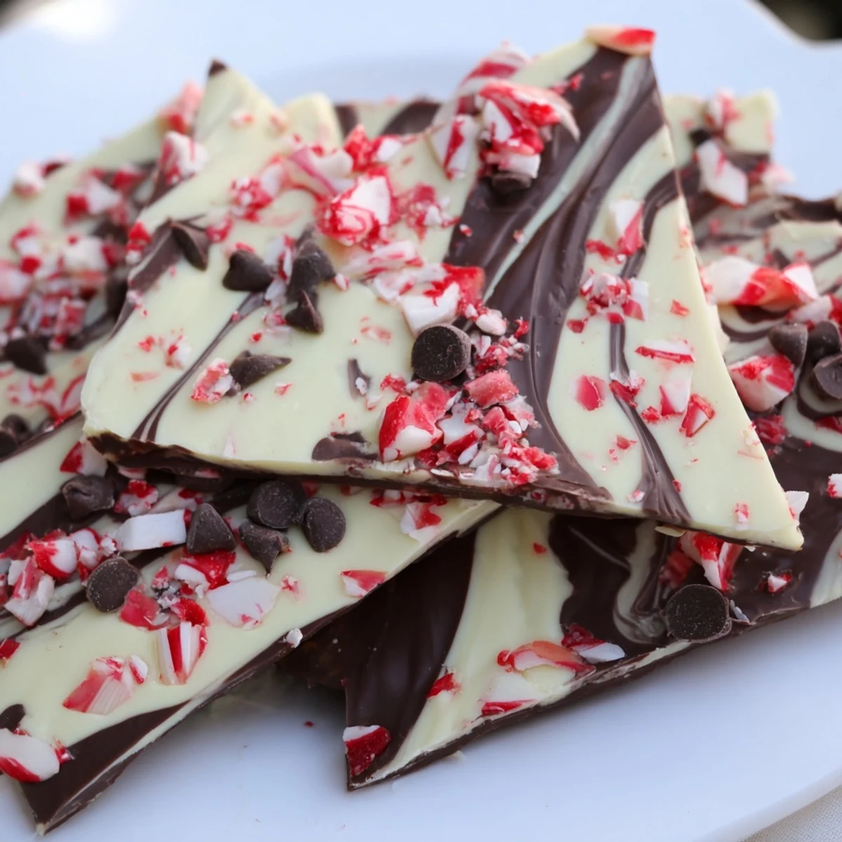 Cool mint-scented chocolate bark broken into rustic shards on a white plate, perfect for gifting on festive occasions.