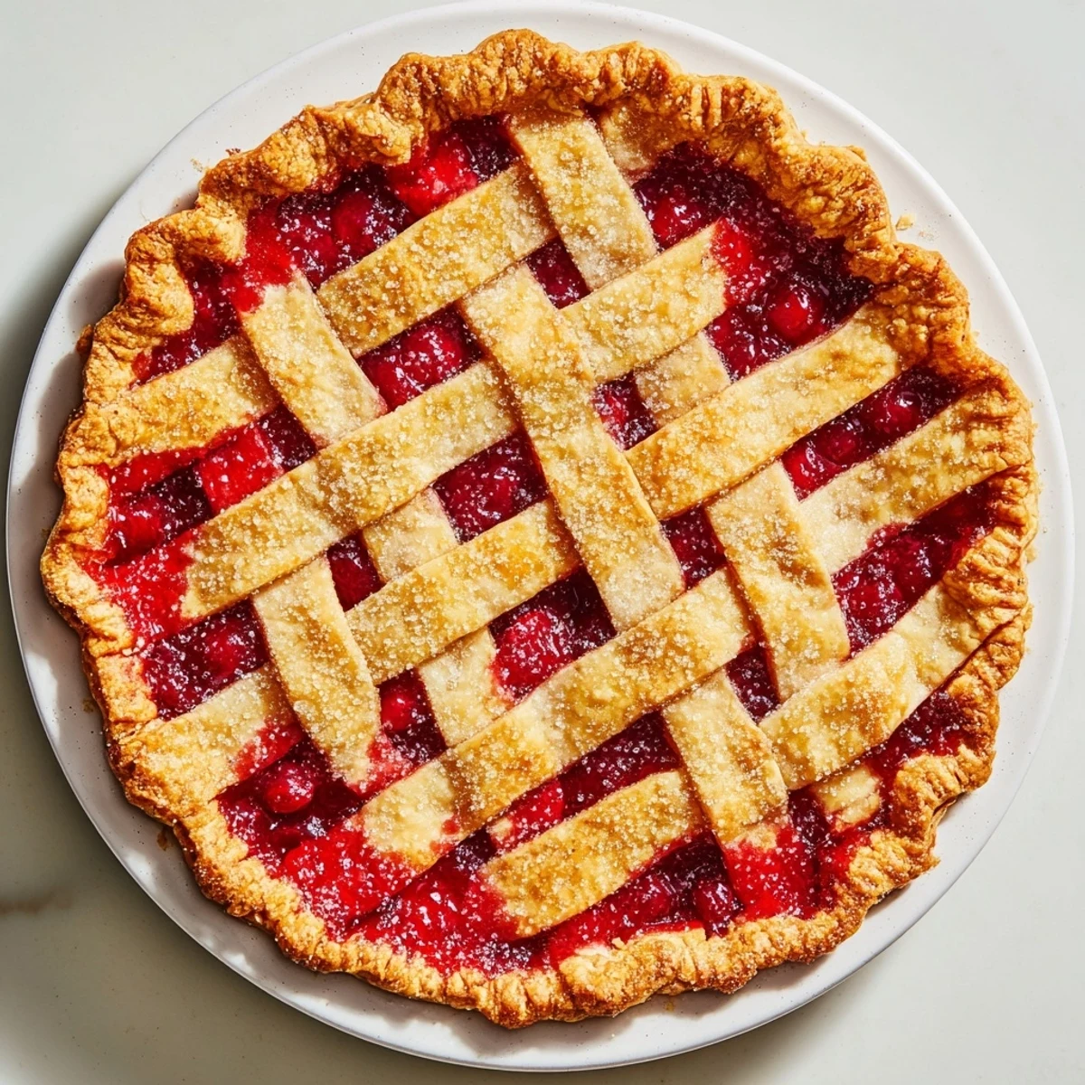 A close-up of a homemade Cherry Pie with Lattice Crust, its golden pastry strips glistening over a deep red, bubbling fruit filling.