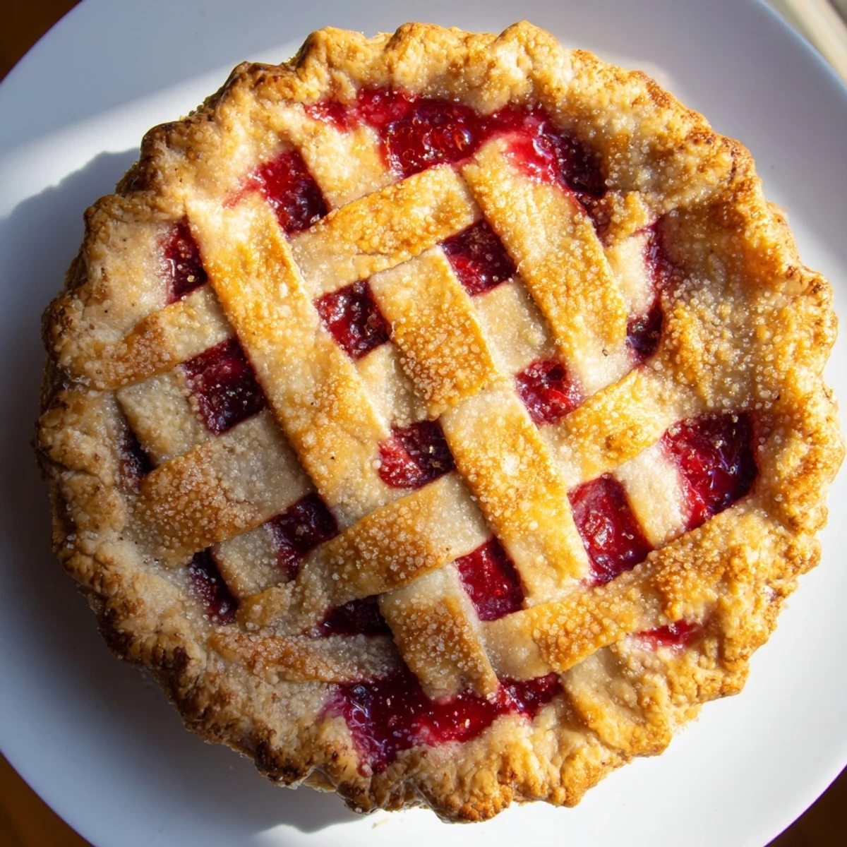 Freshly baked Cherry Pie with Lattice Crust sits on a cooling rack, ready to be sliced for a summer gathering.