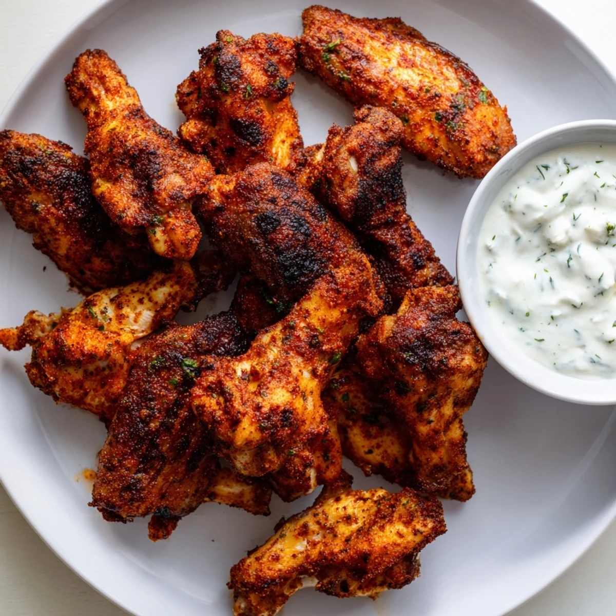 A plate of Spicy Chicken Wings with Ranch Dressing ready for game day, garnished with fresh chives and parsley.