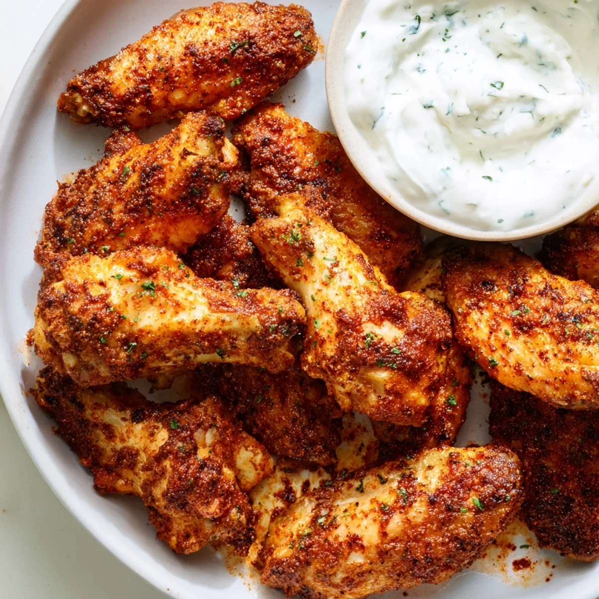 Spicy Chicken Wings with Ranch Dressing served hot from the oven, perfectly crispy with a side of cool dipping sauce.