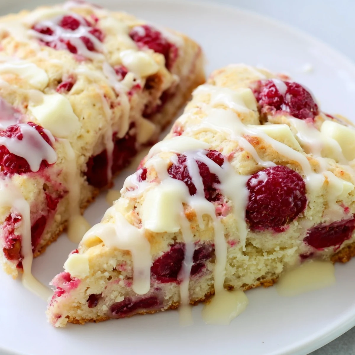 Golden-brown Raspberry White Chocolate Scones with drips of vanilla glaze and berries visible on a baking sheet.